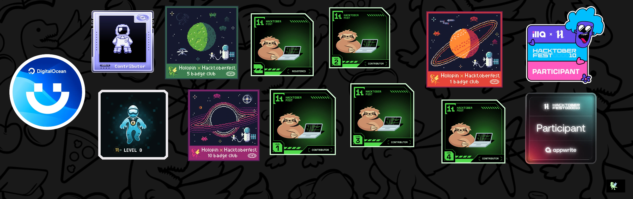 An image of @coderKrysio's Holopin badges, which is a link to view their full Holopin profile