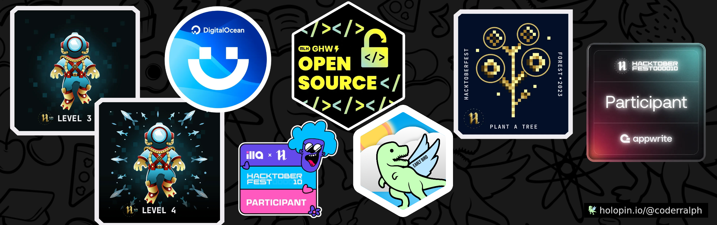 An image of @coderralph's Holopin badges, which is a link to view their full Holopin profile