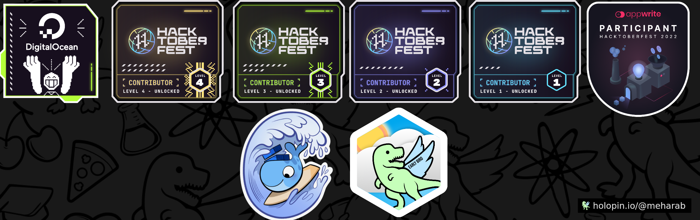 An image of @meharab's Holopin badges, which is a link to view their full Holopin profile